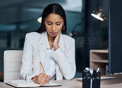 Buy stock photo Business, woman and writing notes in office for planning schedule, financial budget and investment agenda of startup. Female accountant, journal and finance management, reminder or bookkeeping report