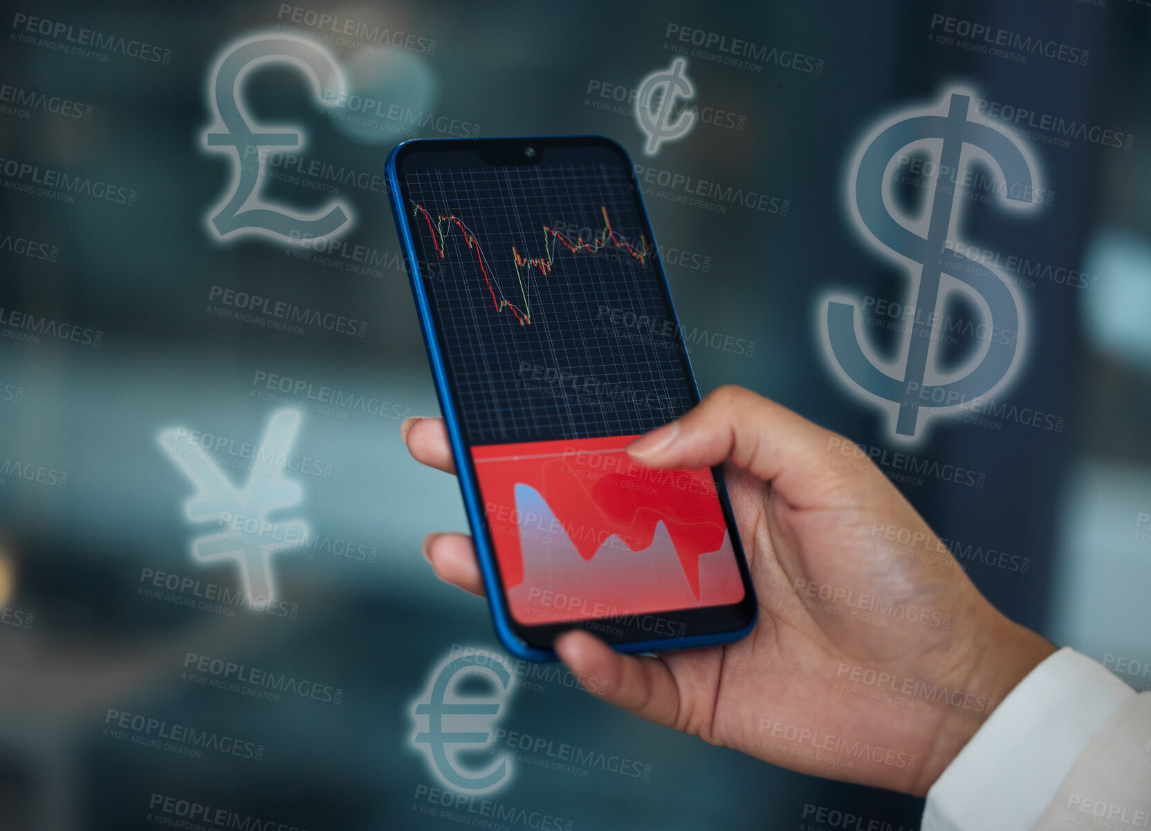 Buy stock photo Business woman, hands and phone screen with stock market graph or chart in trading or cryptocurrency at office. Closeup, female person or broker on mobile smartphone, corporate plummet or investment