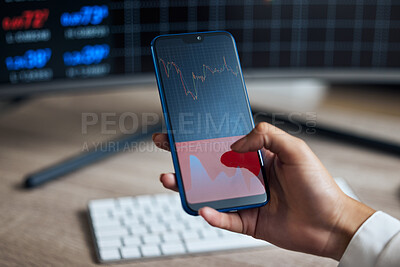 Buy stock photo Hands, cellphone and graphs on screen for stock market crash, business and trader working in office. Charts, technology and woman at desk for internet, budget and crisis for company or future finance