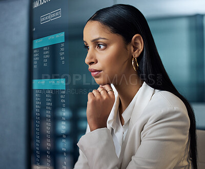 Buy stock photo Night, thinking or woman in office at hologram for info, stock market update or online at desktop. Professional, female trader or tech on internet for finance management, cryptocurrency and business