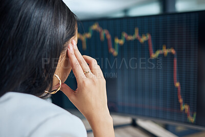 Buy stock photo Business woman, stress and computer graphs on dashboard screen for data analysis report. Back of female broker at pc for SEO, trading and anxiety for fail, stock market crash or crisis problem