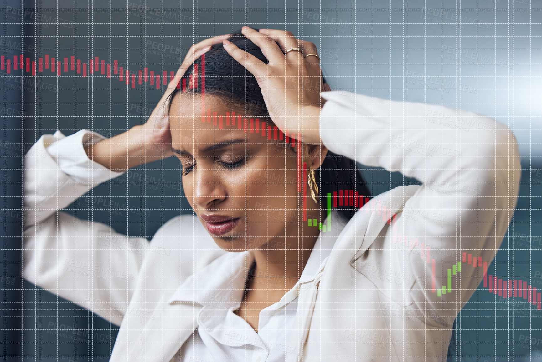 Buy stock photo Finance, stress and hologram of charts with woman, business and investment or debt. Stock market crash, trader and graphs or frustrated for future technology and crisis or mistake in workplace 