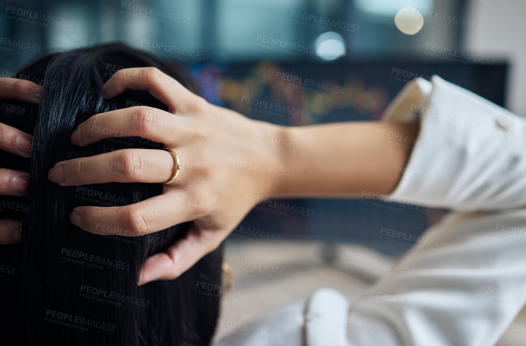 Buy stock photo Business woman, stress and hand on head for stock market crash, debt or review. Back of female broker at computer for SEO, trading and anxiety for fail or financial crisis, problem or investment risk