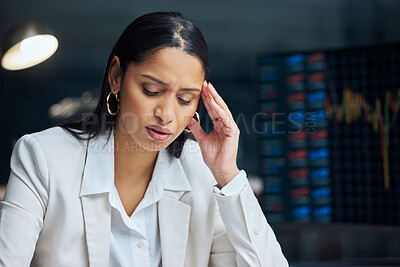 Buy stock photo Headache, woman and screen for stock market crash, business and trader working in office. Burnout, technology and corporate person at desk for internet, budget and glitch or stress for future finance