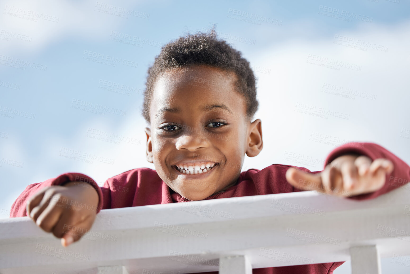 Buy stock photo Happy, playing and portrait of child in park with big smile excited for games, weekend and adventure. Childhood, blue sky and face of young boy in playground for joy, relaxing and fun in nature