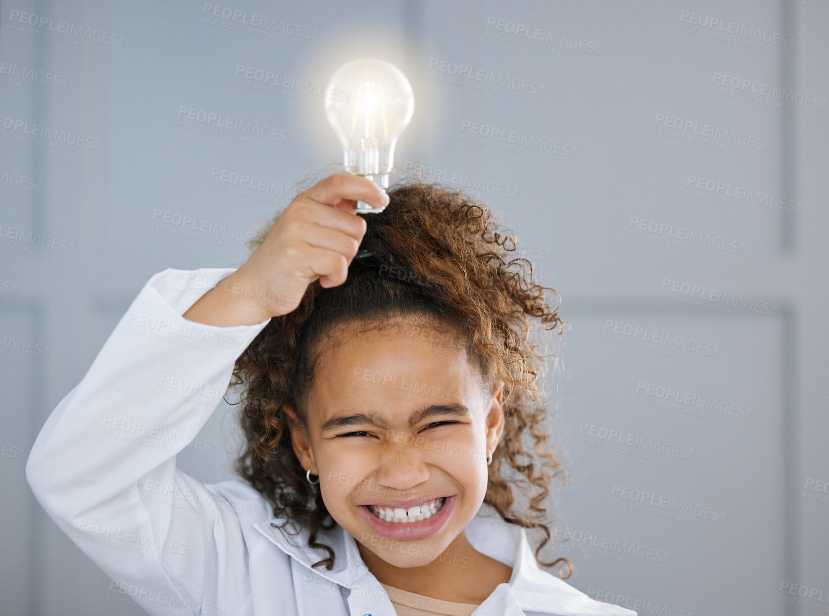 Buy stock photo Lightbulb, girl and child portrait with idea for science solution, creative inspiration and happy for knowledge. Kid scientist, excited and insight on education, learning and eureka with space