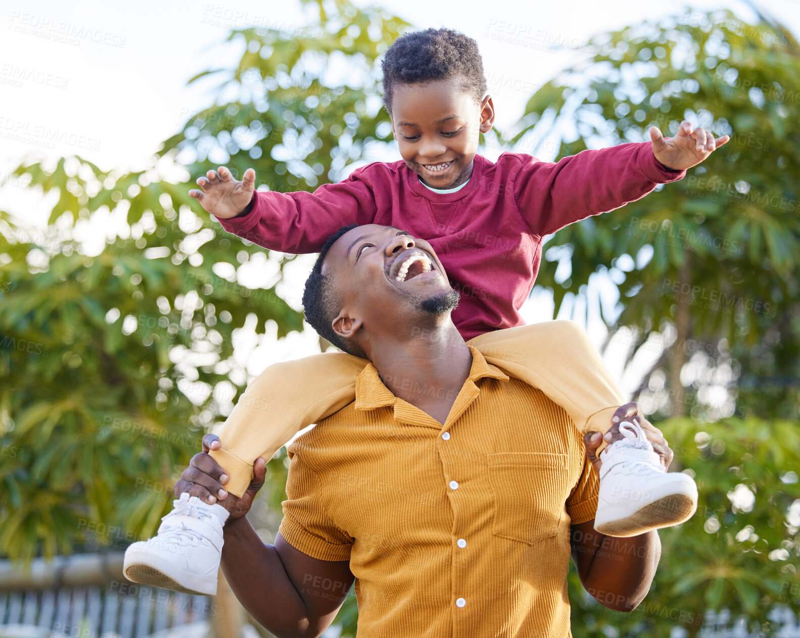 Buy stock photo Papa, smile and black man piggyback son, fun and joy happy bonding together in outdoor park. Family, child love and playing African people, kid and father carrying boy with game in backyard garden