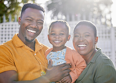 Buy stock photo Black family, portrait and relaxing parents in garden with mother, father and kids together with love. Face, bonding and dad with mom and children with parent support and care in backyard for smile