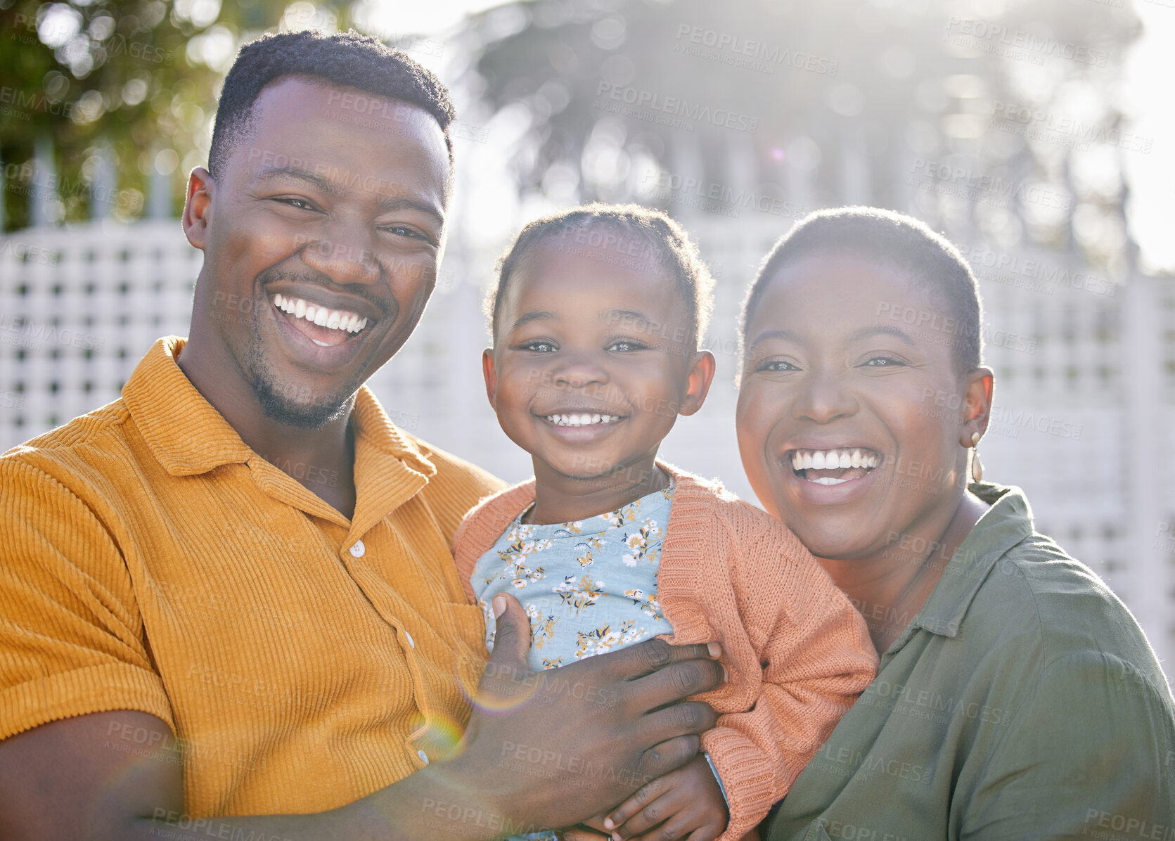 Buy stock photo Black family, portrait and relaxing parents in garden with mother, father and kids together with love. Face, bonding and dad with mom and children with parent support and care in backyard for smile