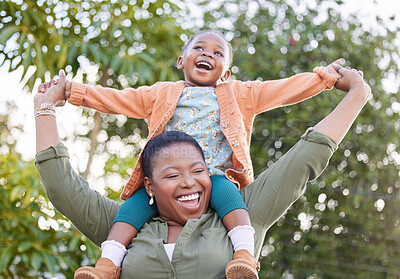 Buy stock photo Laugh, piggyback and mother with girl in park, happy and relax with childhood, bonding and having fun in nature or garden. Love, black woman and daughter with parent smile for carry in backyard