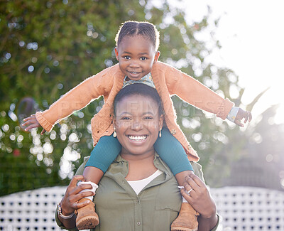 Buy stock photo Portrait, piggyback and mother with girl in park, happy and relax with childhood, bonding and having fun in nature or garden. Love, black woman and daughter with parent smile for carry in backyard