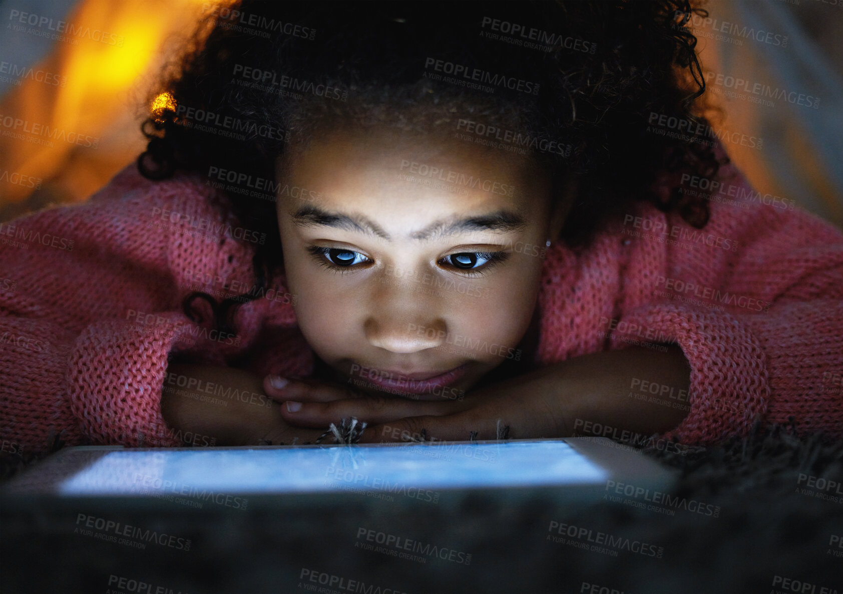 Buy stock photo Girl, tablet and kid relax on floor at home for learning, streaming and reading story on ebook app. Game, child and technology in bedroom for education, internet addiction and watch cartoon at night