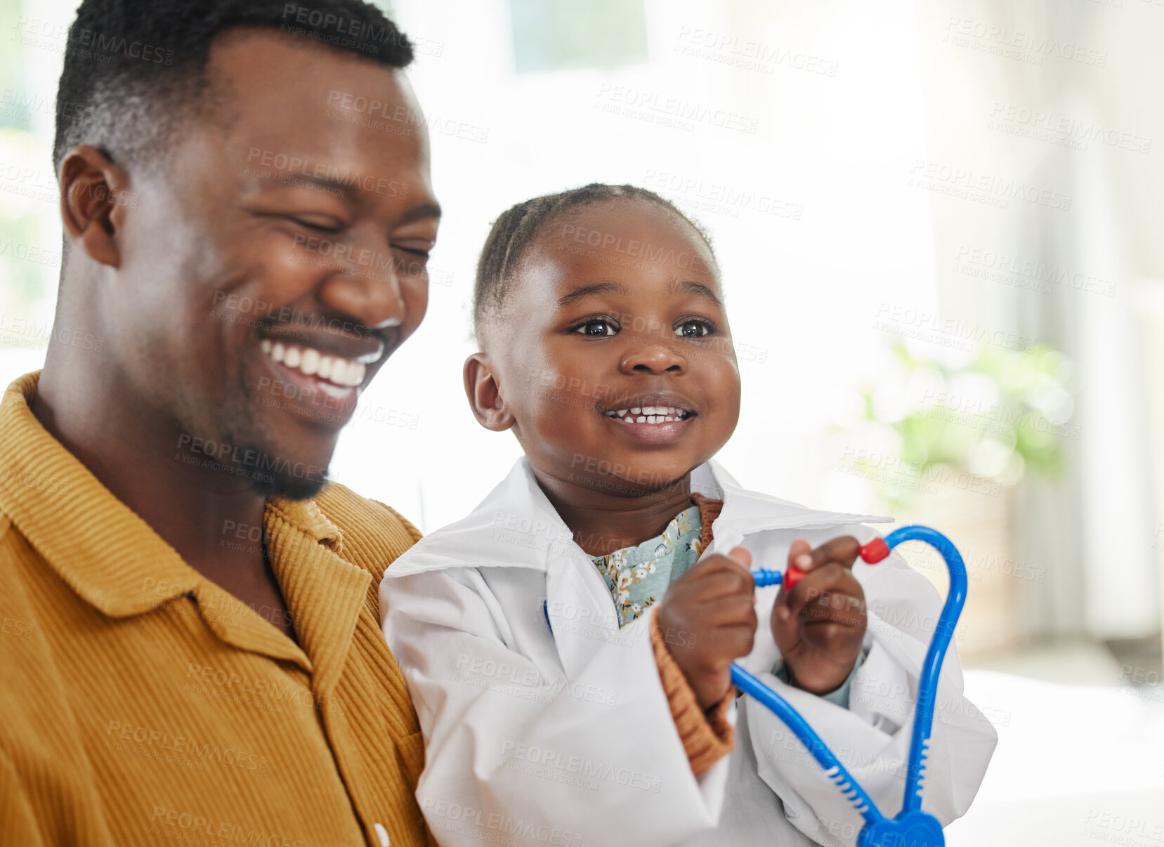 Buy stock photo Happy father, kid and playing doctor with costume or healthcare toys for bonding, pretend or cardiology at home. Black family, dad and child with stethoscope for nursing game, checkup or career day