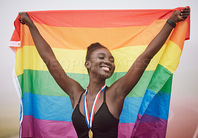 Buy stock photo Cropped portrait of an attractive young female athlete celebrating her victory