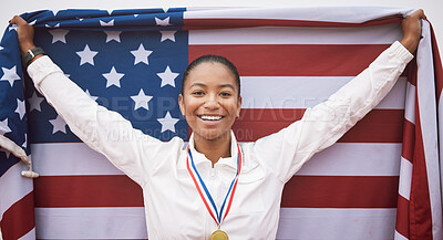 Buy stock photo Cropped portrait of an attractive young female athlete celebrating a victory for her country
