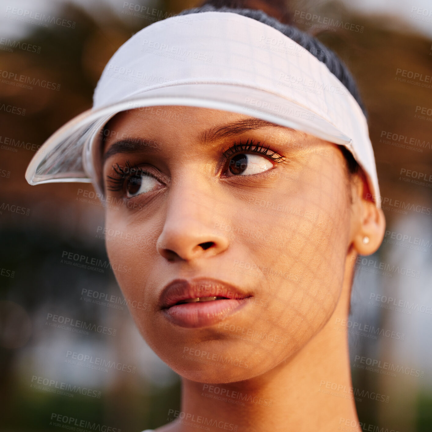 Buy stock photo Visor, sports and woman tennis player on court with competition practice, workout or match. Fitness, serious and face of female athlete with hat for shade with training, hobby or exercise outdoor.