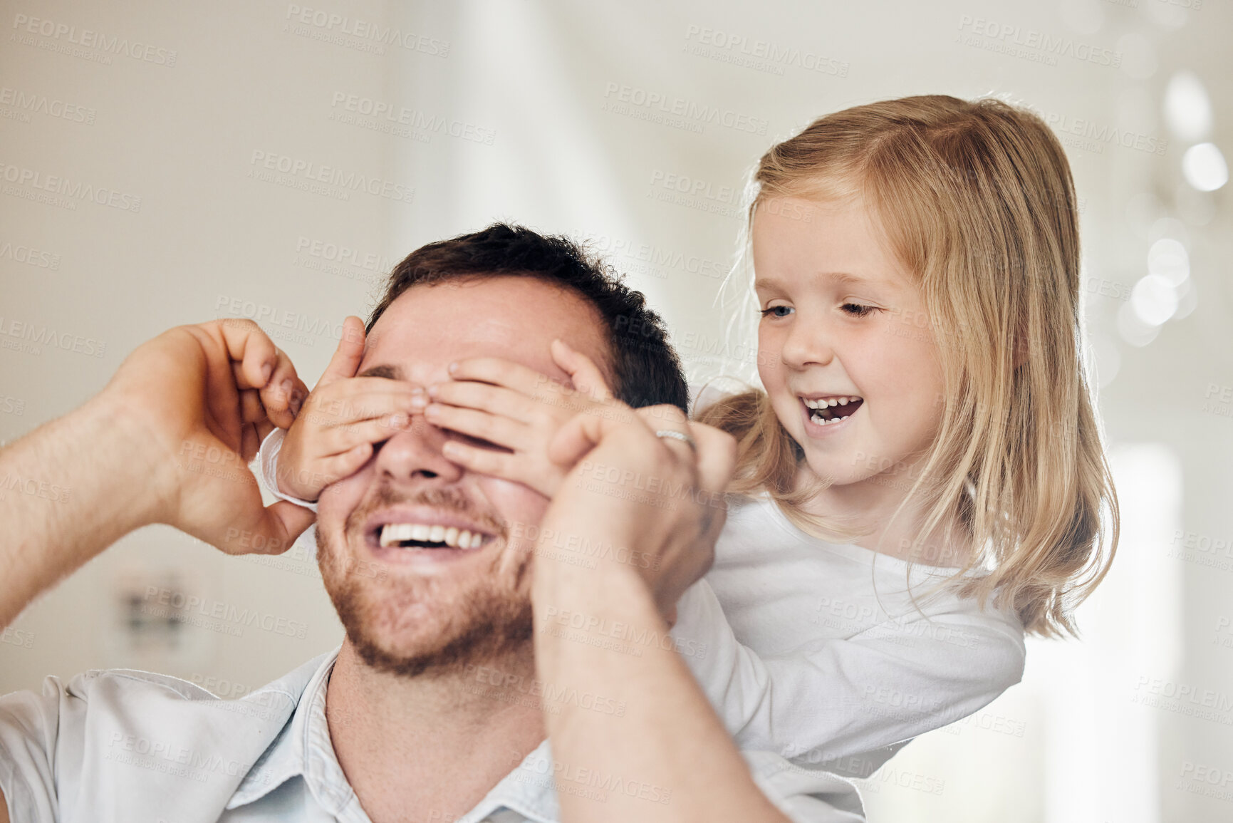 Buy stock photo Dad, child and hands covering eyes in living room for happy surprise, fun and playful bonding together. Smile, father and daughter in home with guess who game for playing, trust or relax in apartment