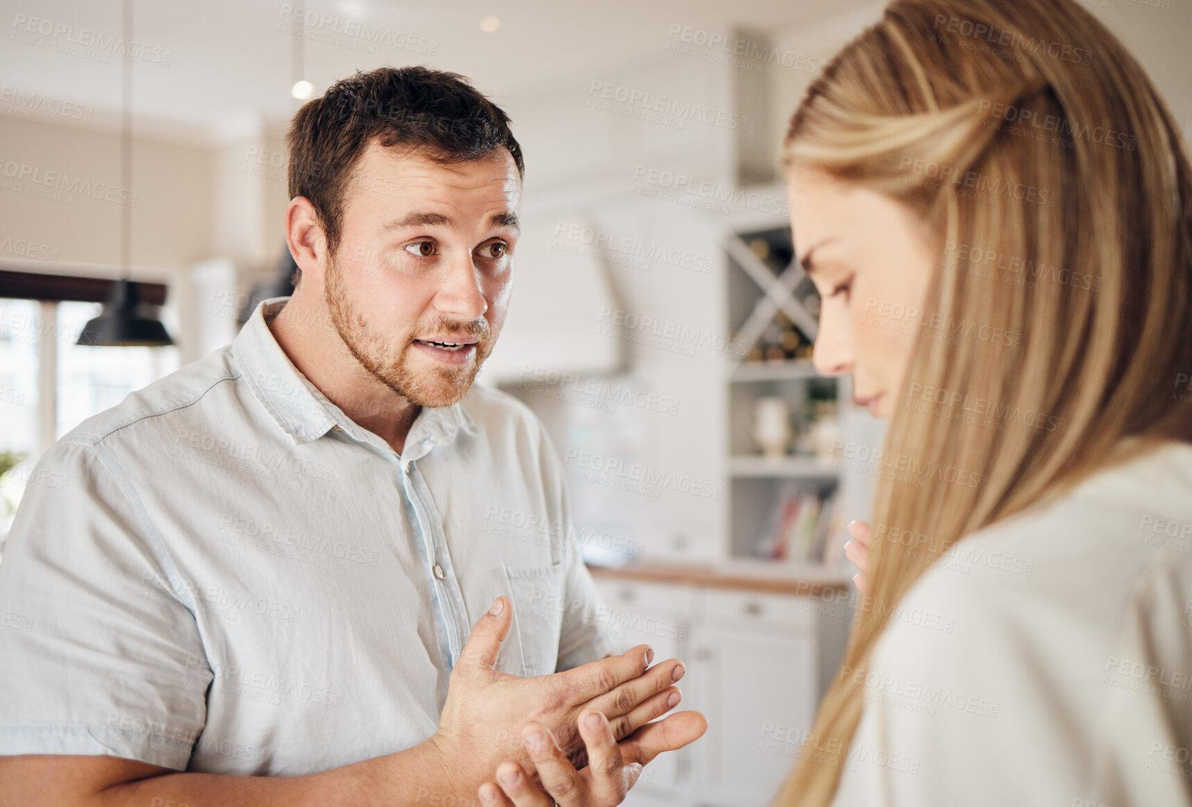 Buy stock photo Argument, fight and couple talking for divorce, conflict and disagreement for marriage crisis. Home, argue and frustrated man and woman in discussion for breakup, toxic relationship and affair