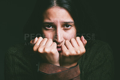 Buy stock photo Kidnap, woman and victim with hostage portrait in studio with fear, scared and domestic violence danger. Belt bondage, sad girl or vulnerable person with trauma, abuse or helpless on black background