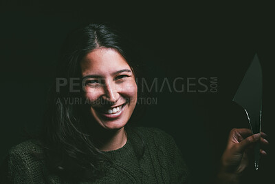 Buy stock photo Portrait, broken mirror and woman with smile, glass and person on dark studio background. Face, model and girl with trauma, creepy or horror with mental health, bipolar and schizophrenia with anxiety