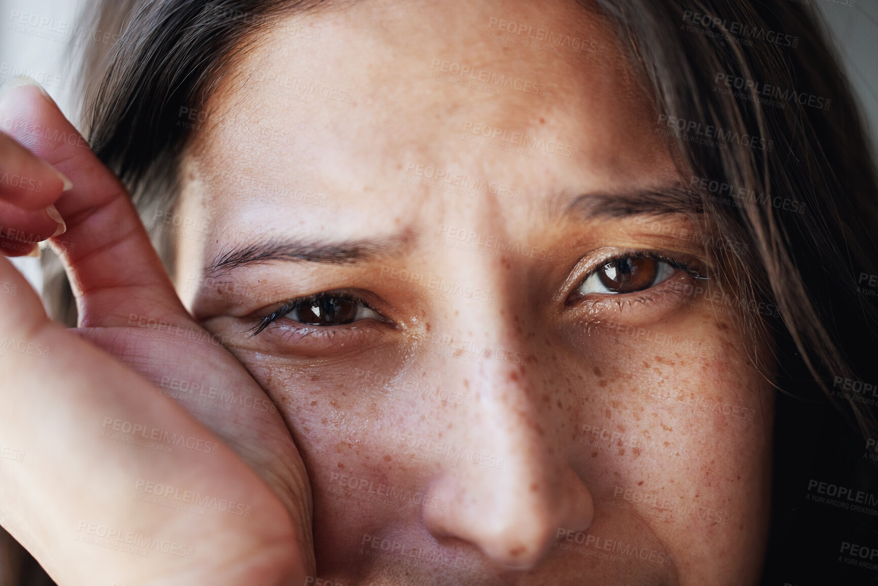 Buy stock photo Portrait, stress and sad woman with tears, crying and mental health with depression, sad or emotion. Closeup, girl or person with reaction, anxiety or bipolar with mistake, crisis or fail with regret