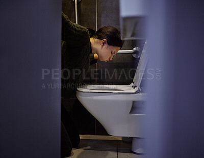 Buy stock photo Bathroom, vomit and woman with illness, floor and symptoms of food poisoning, pain and tired of nausea. Home, toilet and headache of person on ground, sore and unhappy with vomit and disappointed