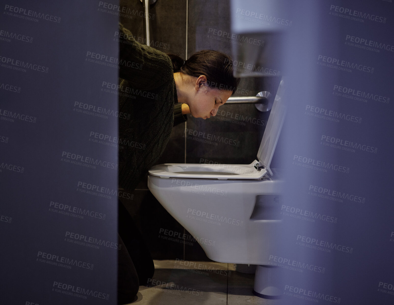 Buy stock photo Bathroom, vomit and woman with illness, floor and symptoms of food poisoning, pain and tired of nausea. Home, toilet and headache of person on ground, sore and unhappy with vomit and disappointed