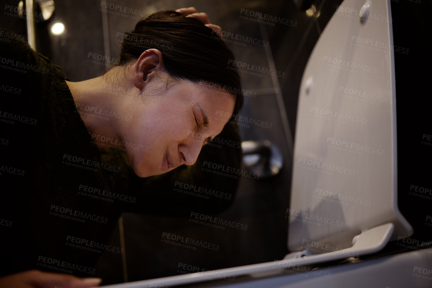 Buy stock photo Bathroom, vomit and woman with nausea, floor and symptoms of food poisoning, pain and tired of illness. Home, toilet and headache of person on ground, sore and unhappy with sickness and disappointed