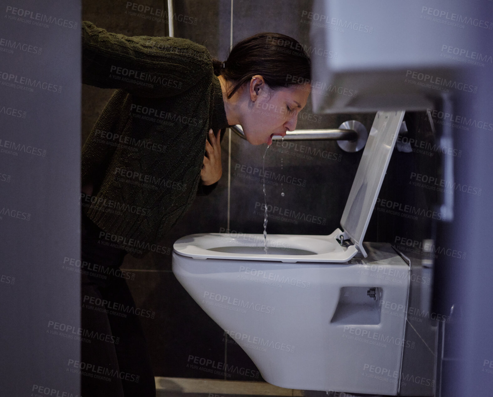 Buy stock photo Bathroom, vomit and woman with pain, floor and symptoms of food poisoning, sick and tired of illness. Home, toilet and headache of person on ground, sore and unhappy with nausea and disappointed