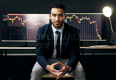 Buy stock photo Portrait, business man and computer with stock market update for financial investment, research and trading. Male person, pc and fintech display on screen for budget, ecommerce and accounting