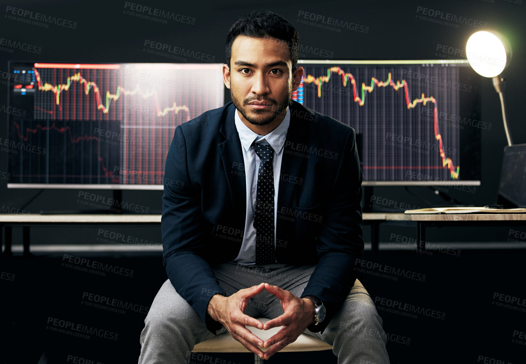 Buy stock photo Portrait, business man and computer with stock market update for financial investment, research and trading. Male person, pc and fintech display on screen for budget, ecommerce and accounting