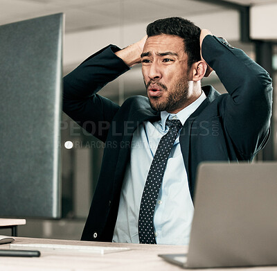 Buy stock photo Frustrated businessman, computer and trader with stock market crash, debt or bankruptcy at office. Upset man, broker or investor with mistake, stress or anxiety for financial crisis or loss at desk