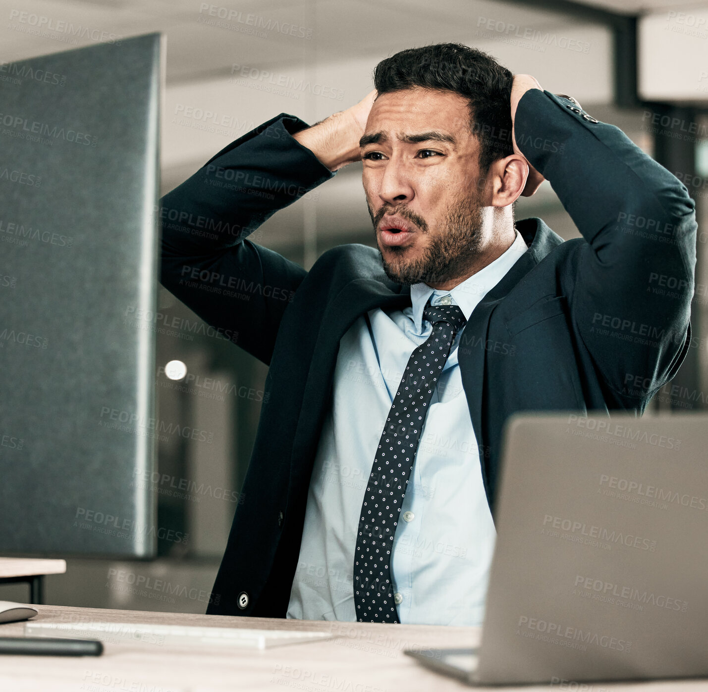 Buy stock photo Frustrated businessman, computer and trader with stock market crash, debt or bankruptcy at office. Upset man, broker or investor with mistake, stress or anxiety for financial crisis or loss at desk