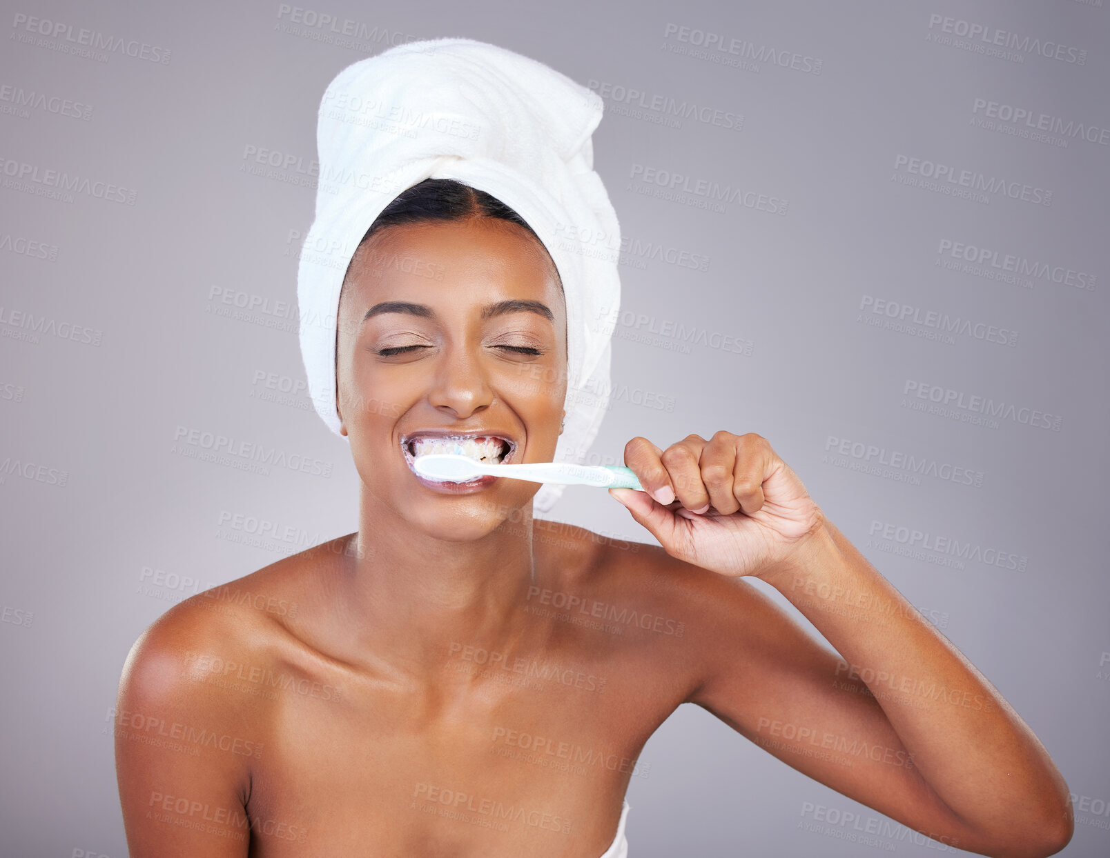 Buy stock photo Teeth, woman and toothbrush in studio for dental hygiene, wellness and oral care with toothpaste. Female person, cleaning and mouth by white background for fluoride, cavities and germ protection