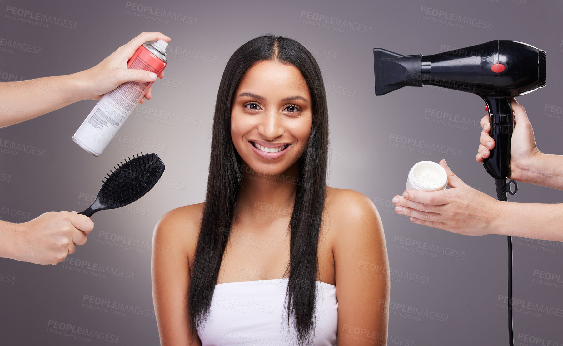 Buy stock photo Multitask, portrait and hair stylist in studio for teamwork, industry or haircare on gray background. Smile, salon and products for styling with keratin treatment, beauty or cosmetics with beautician