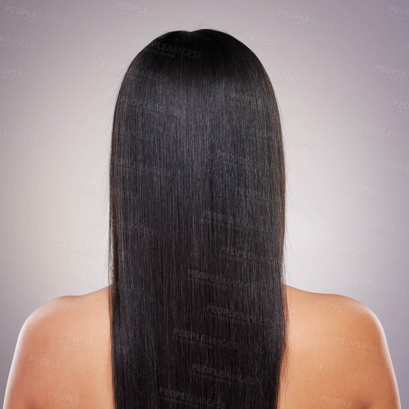 Buy stock photo Woman, back and hair treatment in studio grey background for grooming, wellness and self care. Female person, beauty conditioner or salon shine for fresh, keratin glow and relaxer routine with volume