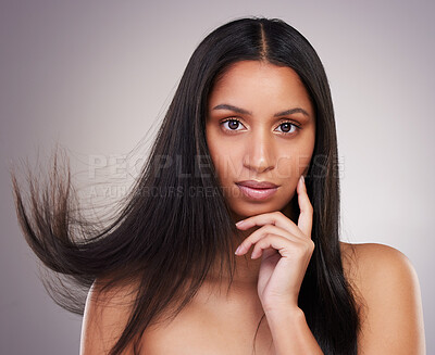 Buy stock photo Woman, portrait and body in studio for hair care, beauty or luxury salon treatment on white background. Girl, face and confidence with healthy texture, hairstyle or growth for wellness with Brazilian