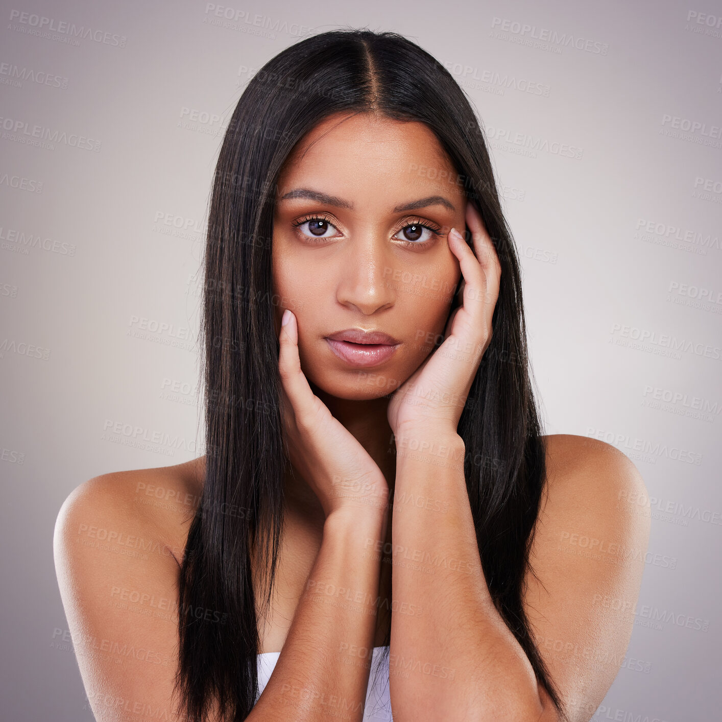 Buy stock photo Woman, portrait and glow in studio for skincare, beauty and luxury spa treatment on white background. Girl, face and confidence with healthy skin, self care and wellness with skintone transformation 