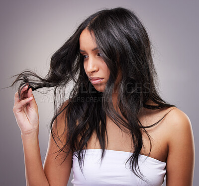 Buy stock photo Frustrated, split ends and woman with hair damage on studio background for haircare, beauty and salon haircut. Girl, head and grooming problem or care, treatment and model with messy hairstyle 