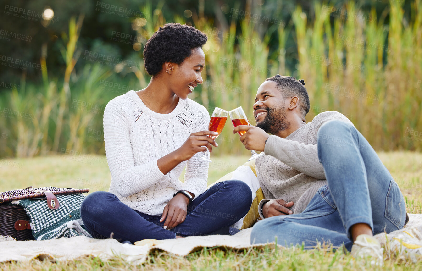 Buy stock photo Black couple, wine and picnic at park with cheers for anniversary date, honeymoon celebration and romance with smile. People, relax and happy on grass in nature with support, success and holiday fun