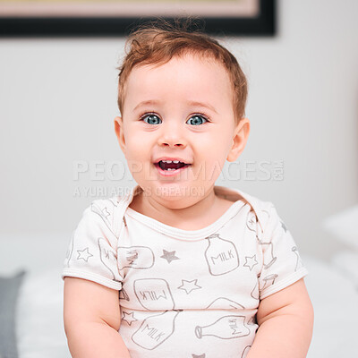 Buy stock photo Bedroom, smile and portrait of baby in home for fun playing, happiness or learning in living room. Relax, healthy boy or face of confident kid sitting in house alone for child development or growth