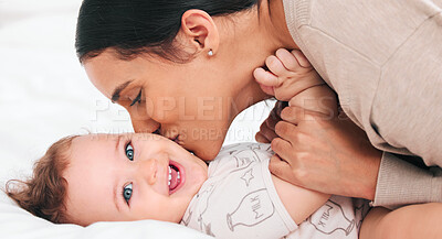 Buy stock photo Woman, baby portrait and love kiss in home with hug for support, growth and development with care. Mama, boy child and smile with embrace on bed for mothers day for relationship bonding and happiness