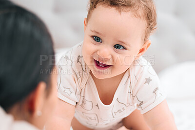 Buy stock photo Love, learning or mother and baby on bed for support, trust and bonding with morning games in their home. Happy family, smile and woman with son in a bedroom for safety, comfort and child development