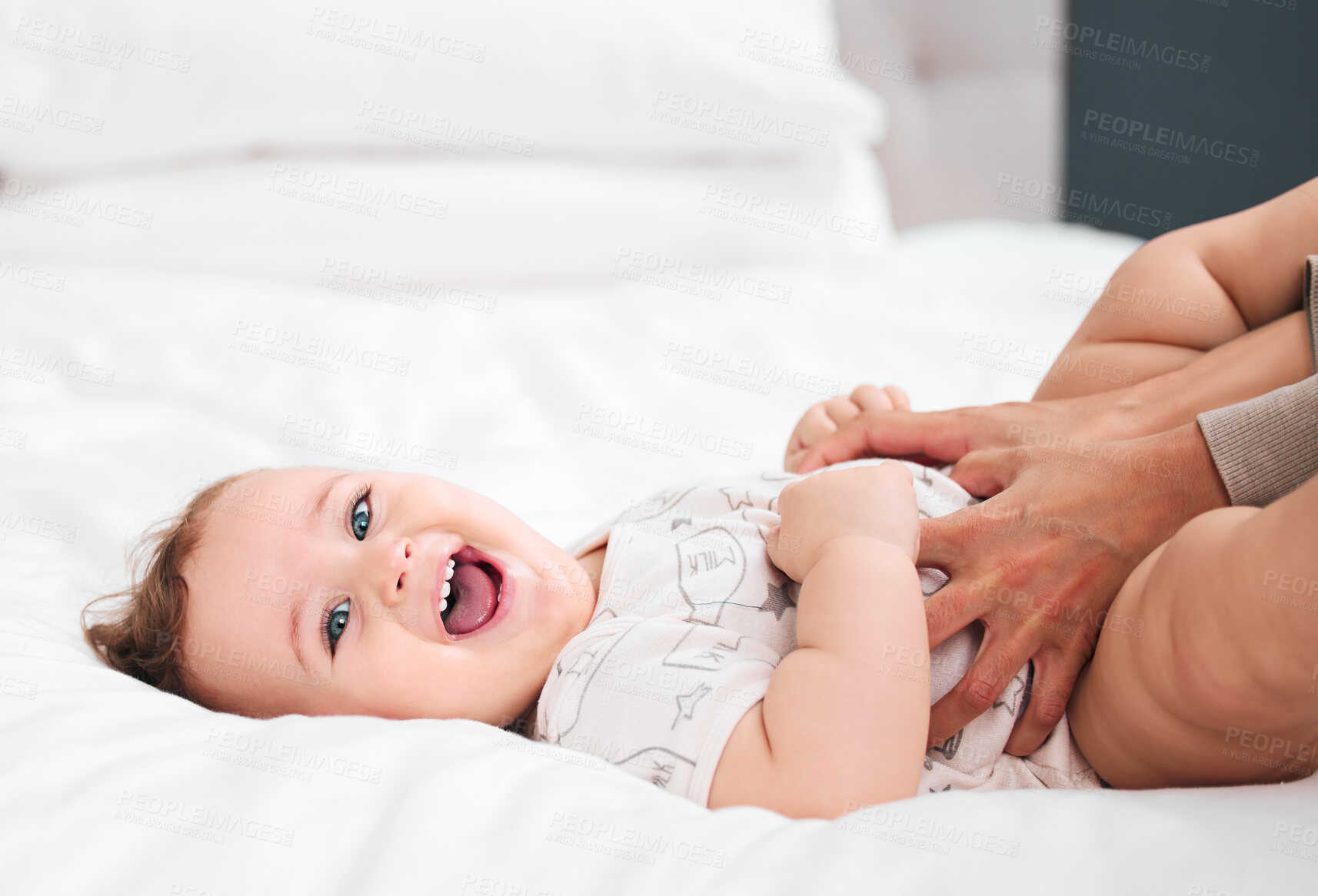 Buy stock photo Love, portrait and happy baby with mother on a bed for fun, bonding and playing tickle games in their home together. Smile, face and excited kid with parent in a bedroom for comfort, care or support