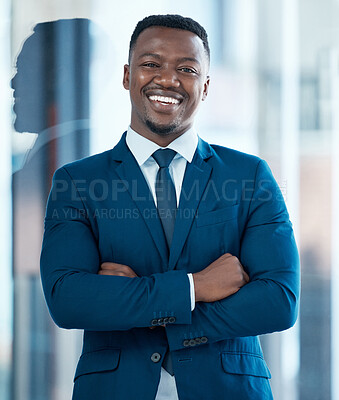 Buy stock photo Businessman, portrait and happy executive with arms crossed or ceo, corporate manager and entrepreneur. Black man, face and professional company employee with pride, confidence or vision of business