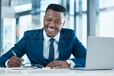 Buy stock photo Business, portrait and black man writing with laptop in office for documents, notes or reminder. Finance, paper or happy African advisor with trading strategy, research or planning investment deal