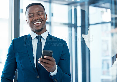 Buy stock photo Portrait, businessman and cellphone for networking, communication and happy in modern office. Technology, email and African financial advisor in workplace with internet for company and consulting