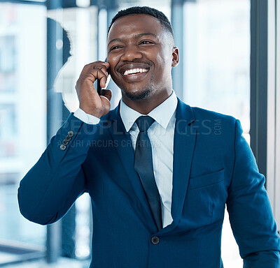 Buy stock photo Corporate, smile and black man with phone call for communication, discussion and networking in office. African guy, consultant conversation and mobile hello for business negotiation and feedback