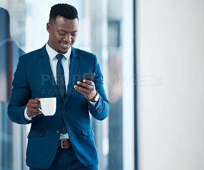 Buy stock photo Corporate, coffee and black man with phone for internet research, work break and online news app in office. African guy, latte and mobile notification for stock exchange with business investment