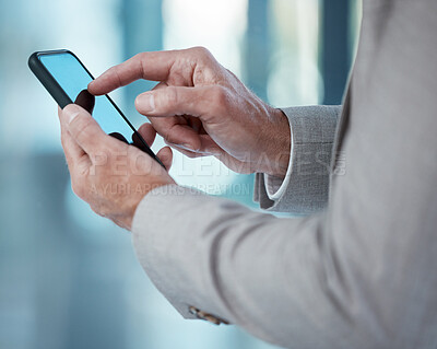 Buy stock photo Businessman, hands and smartphone for internet scroll with social media post and online news in modern office. Corporate guy, typing and mobile notification for trading app and stock market research